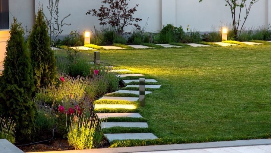 Exterior lighting along the pathway.